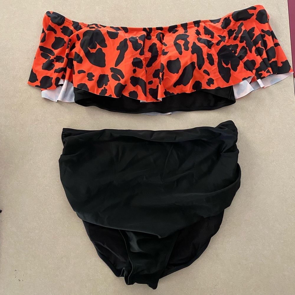Plus Leopard Ruffle Hem Ruched High Waisted Bikini Swimsuit 3XL